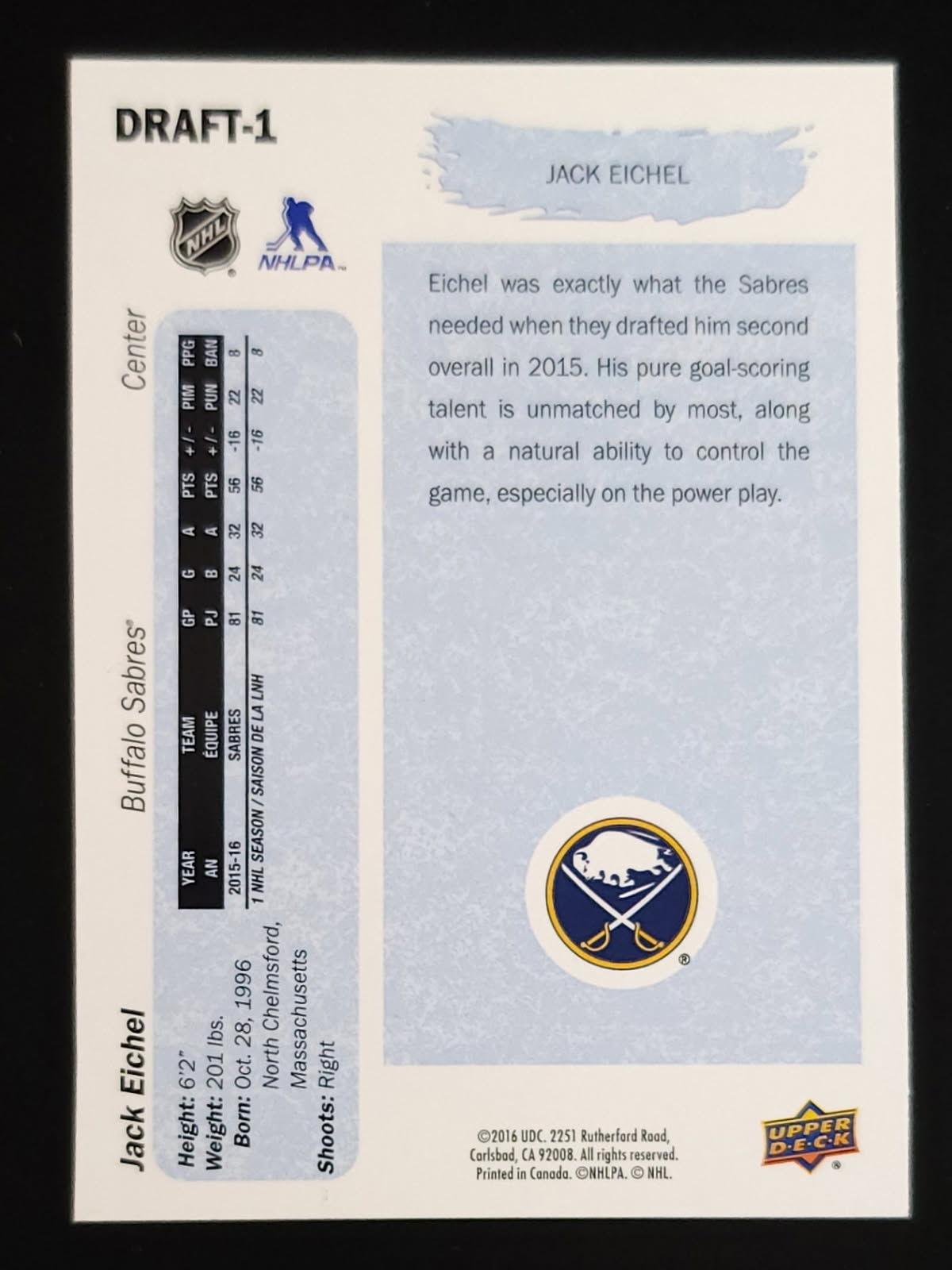 Jack Eichel 2015-16 Upper Deck Top Draft Picks RC #DRAFT-1